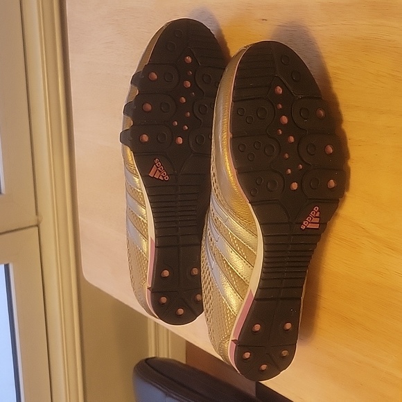 Adidas Joggers.  Label shows US size 8. Gold with silver trim. - Picture 4 of 5